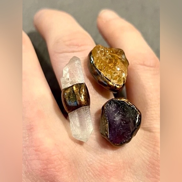 New Triple Crystal Gemstone Ring ~ Natural Amethyst Citrine Clear Quartz Copper - Picture 14 of 16